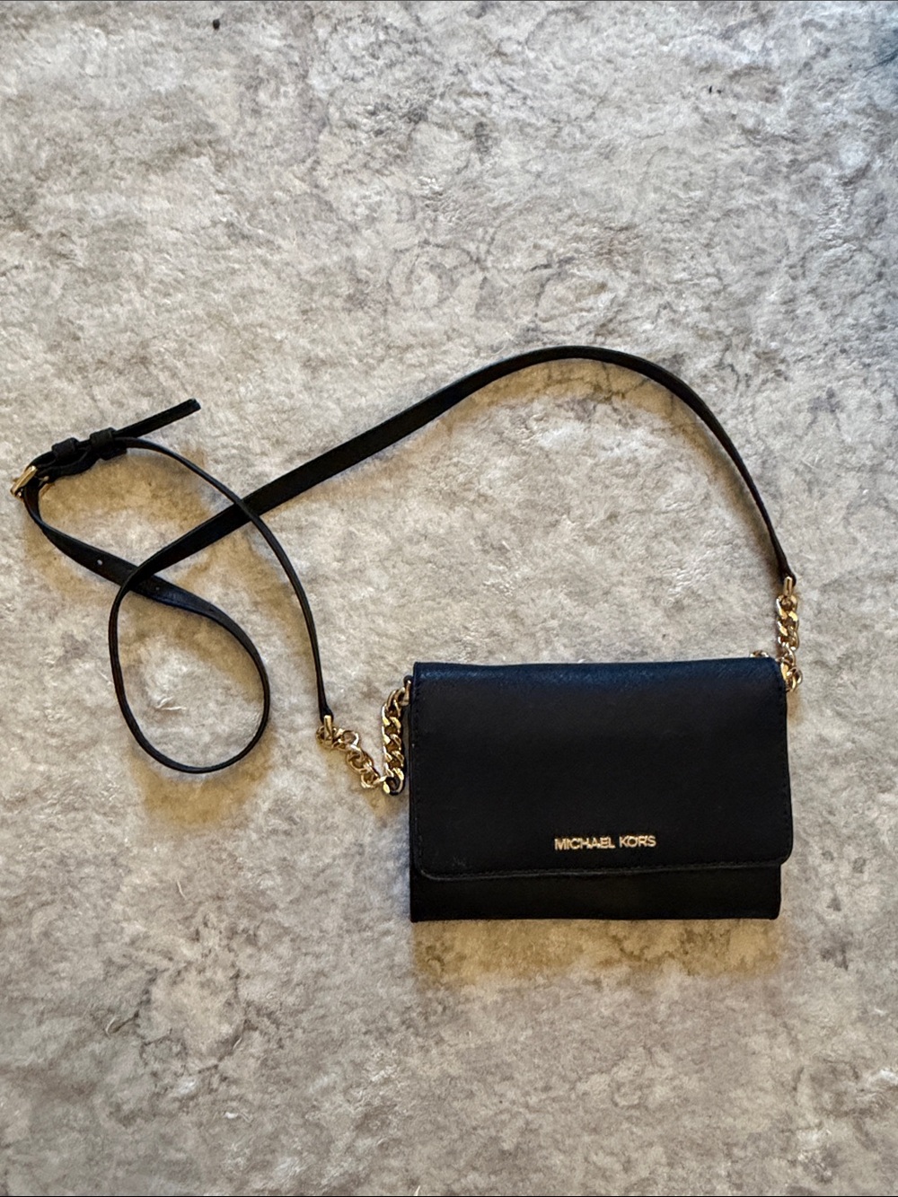 Michael Kors Black Leather Crossbody with Gold Chain Trim